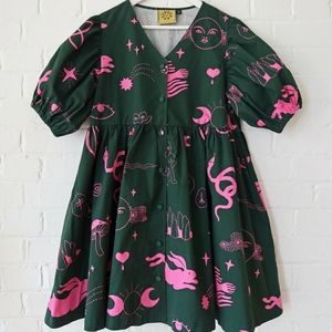 NWOT Lazy Oaf x Laura Callaghan Hidden Symbols Puff Sleeve Dress US 12